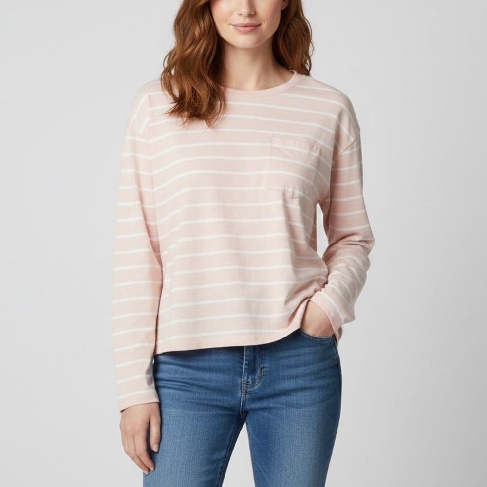 Everlane Pink White Striped Long Sleeve Pocket Tee Shirt Size Small